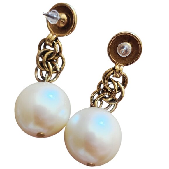 Vintage Monet Large Faux Pearl Drop Gold Tone Chain Statement Earrings - Picture 4 of 5